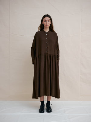 Dark Brown Gingham Band Collar Dress muku Dark Brown Gingham Band Collar Dress muku