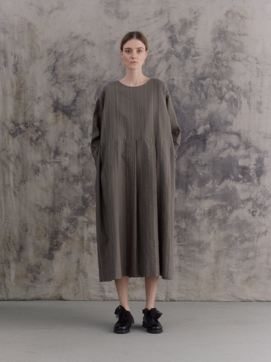 Back Button Ed Grey Gold Stripe Back Buttoned Dress – muku